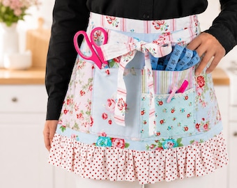 Ruffle Half Apron Sewing Pattern PDF | Vintage Vendor Craft Apron With Pockets | Adjustable Teacher Garden Waist Apron DIY