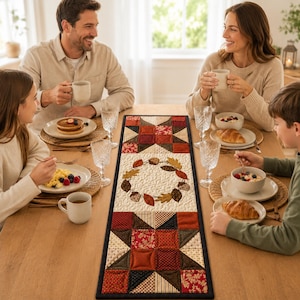 May include: A rectangular fabric table runner featuring a central wreath of autumn leaves on a cream background, flanked by geometric patchwork blocks in shades of red, brown, and tan, all bordered by a dark navy blue fabric trim.
