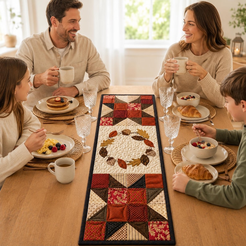 May include: A rectangular fabric table runner featuring a central wreath of autumn leaves on a cream background, flanked by geometric patchwork blocks in shades of red, brown, and tan, all bordered by a dark navy blue fabric trim.