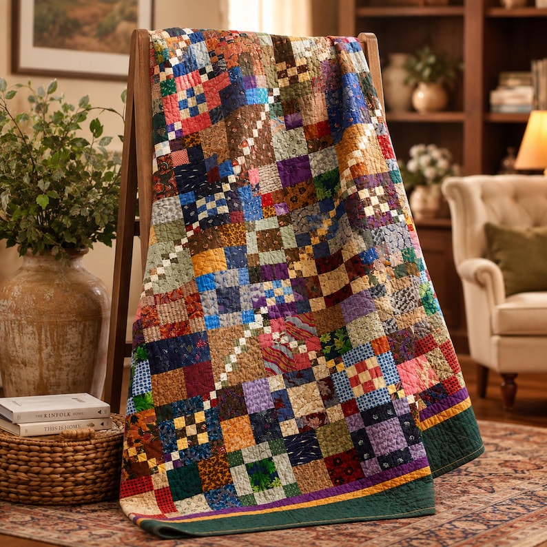 May include: A patchwork quilt featuring a grid of multi-coloured fabric squares in shades of blue, red, green, yellow, and purple. The design includes a diagonal chain pattern of small white squares and a solid dark green border along the bottom edge.