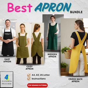 May include: An image showcasing four apron styles: Easy, Cozy, Modern, and Cross Back. The aprons are in black, olive green, and yellow. Text includes "Best APRON BUNDLE", "4 PATTERNS INCLUDED", and "PDF SEWING PATTERNS".