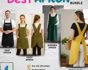 Apron Sewing Pattern Bundle PDF | Cross Back, cozy, modern & Easy Apron | 4 Beginner-Friendly Aprons | A4 • A0 • US Letter| Digital Download