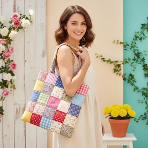 Quilt Patch Tote Bag Sewing Pattern PDF| Patchwork Tote Pattern| Beginner Friendly Bag Tutorial| A0 A4 US Letter Printable| Digital Download image 8