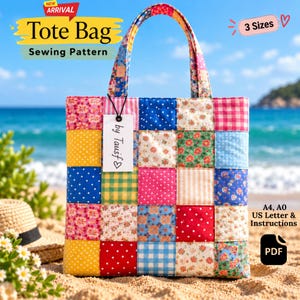 Quilt Patch Tote Bag Sewing Pattern PDF| Patchwork Tote Pattern| Beginner Friendly Bag Tutorial| A0 A4 US Letter Printable| Digital Download