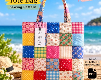 Quilt Patch Tote Bag Sewing Pattern PDF| Patchwork Tote Pattern| Beginner Friendly Bag Tutorial| A0 A4 US Letter Printable| Digital Download