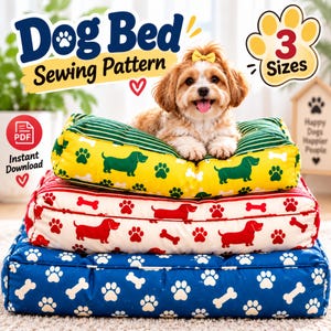 May include: A digital sewing pattern for a dog bed featuring three stacked rectangular cushions in yellow, white, and blue with dachshund and paw print patterns. The text reads Dog Bed Sewing Pattern, 3 Sizes, and Instant Download with a PDF icon.