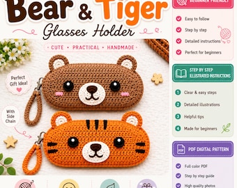 2in1 Crochet Glasses Holder Pattern PDF | Bear & Tiger Eyeglass Case Crochet Pattern | Kawaii Glasses Pouch | Instant Download