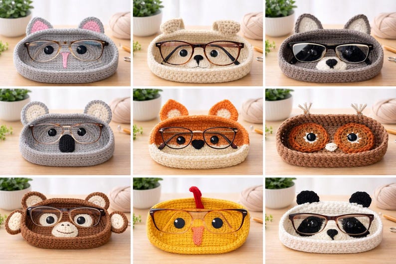 May include: A collection of handmade crochet eyeglass holders in various animal designs. Each holder features a unique animal face, including a koala, bear, raccoon, fox, owl, monkey, bird, and panda. The holders are designed to hold eyeglasses.
