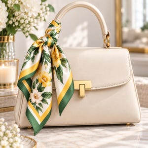 Peut inclure: Un sac à main structuré de couleur crème avec une poignée supérieure unique et un fermoir rectangulaire doré. Un foulard en soie carré orné d'un motif floral jaune et blanc avec des feuilles vertes et une bordure vert foncé est noué à la poignée.
