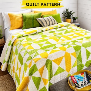Quilt Pattern PDF Modern Hourglass Patchwork Quilt, Geometric Bed Quilt, Farmhouse Cottagecore Blanket, Queen King Size Printable