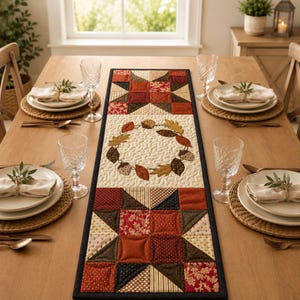 Pode incluir: Um caminho de mesa acolchoado retangular com um painel central creme apresentando uma coroa bordada de folhas de outono e bolotas, ladeado por blocos de patchwork geométrico em tons de vermelho, castanho, laranja e creme com borda azul-marinho.