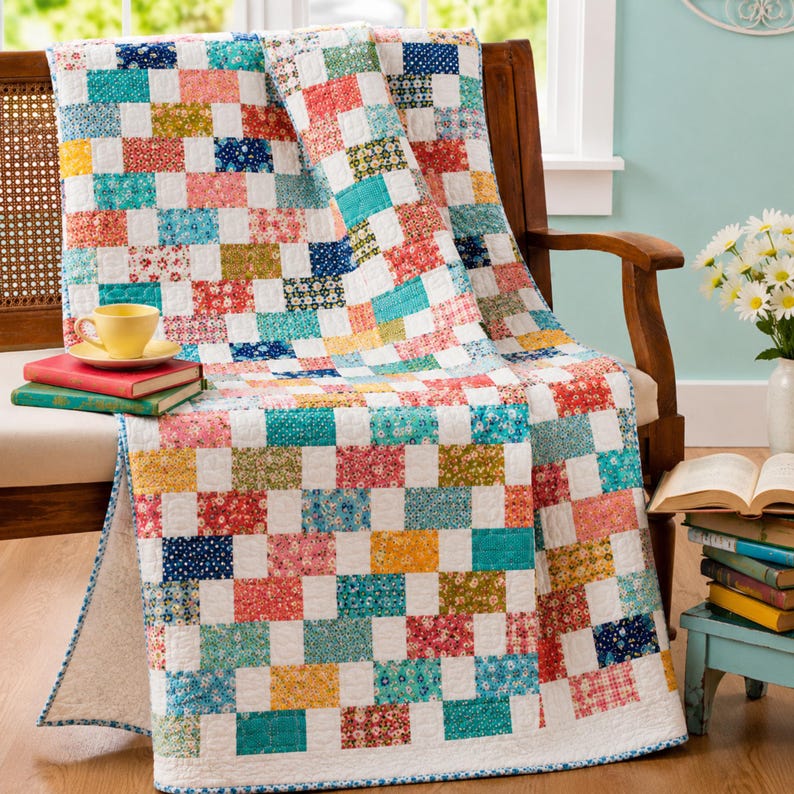 May include: A patchwork quilt featuring a grid of rectangular fabric blocks in various floral and geometric patterns. The colors include shades of yellow, pink, teal, blue, and white. The quilt is draped over a wooden chair with a cane back.