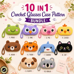 Virkat mönster för 10-i-1-glasögonhållare i PDF-format | Solglasögonfodral med djurmotiv | Amigurumi-glasögonhållare | Kawaii-påse med dragkedja | Direkt nedladdning