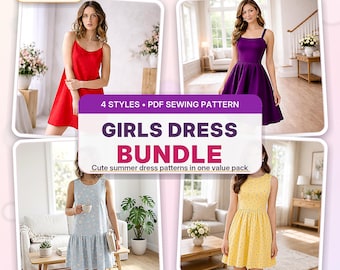Summer Dress Sewing Pattern Bundle, Girls & Women Cami Sundress PDF, Sleeveless Flare Midi Dress