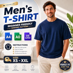 Mens T Shirt Sewing Pattern PDF | Oversized T-Shirt Sewing Pattern PDF| Crew Neck Short Sleeve Tee PDF | Men Shirt Pattern| Instant Download