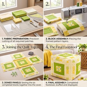 May include: A four-part instructional collage showing the creation of a fabric footstool. Steps include fabric cutting with a rotary cutter, sewing quilt blocks on a machine, joining six panels into a cover, and the final stuffed square footstool.