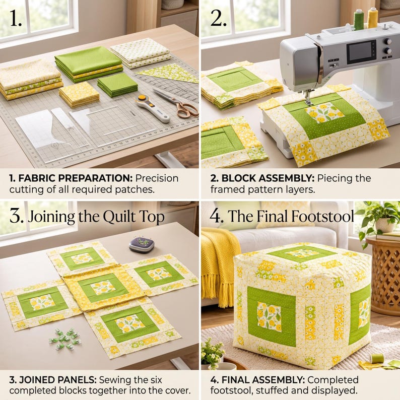 May include: A four-part instructional collage showing the creation of a fabric footstool. Steps include fabric cutting with a rotary cutter, sewing quilt blocks on a machine, joining six panels into a cover, and the final stuffed square footstool.