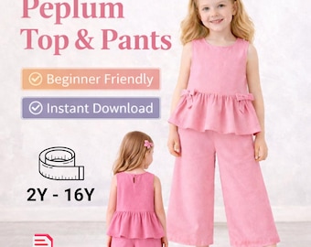 Girls Peplum Top & Wide Leg Pants Sewing Pattern PDF (2Y–16Y)| Kids Two Piece Set| Elastic Waist Trousers| A0 A4 US Letter| Instant Download