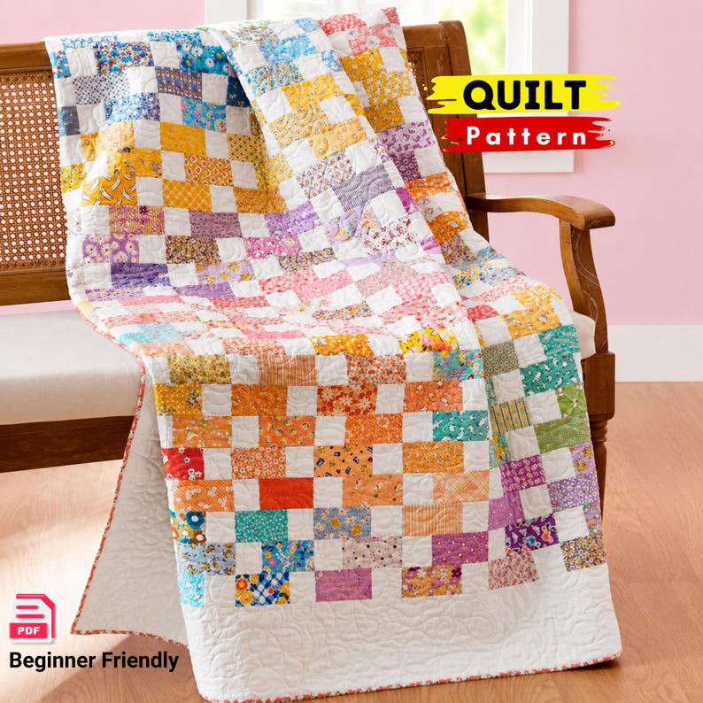 May include: A quilt featuring a patchwork design of small rectangular fabric pieces in various floral and geometric patterns in yellow, orange, pink, purple, blue, and green, with white borders and the text QUILT Pattern and Beginner Friendly.