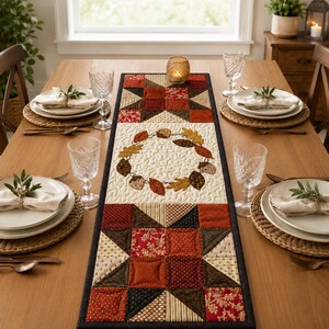 May include: A rectangular quilted table runner featuring a central cream-colored panel with an embroidered wreath of autumn leaves and acorns, flanked by patchwork blocks in shades of rust, brown, cream, and dark red with geometric patterns.