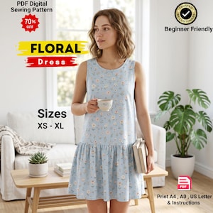 Pode incluir: Um vestido sem mangas azul-claro com um pequeno padrão floral e saia de cintura descida. O texto na imagem inclui PDF Digital Sewing Pattern, 70% OFF, FLORAL Dress, Sizes XS - XL, Trusted by Customers, Beginner Friendly e PDF A4, A0, US Letter & Instructions.