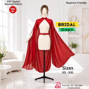 Könnte beinhalten: Rote Braut-Cape auf einer Schneiderpuppe mit langen, fließenden Ärmeln und hohem Ausschnitt. Der Text enthält "PDF Digital Sewing Pattern" und "Beginner Friendly". Erhältlich in den Größen XS-XXL. Schnittmuster für A4, A0 und US Letter.
