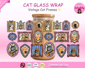 May include: A collection of vintage cat frames in various shapes and colors, including rectangular, oval, and ornate designs. The frames feature illustrations of cats in different poses, with the text "CAT GLASS WRAP" and "Vintage Cat Frames".