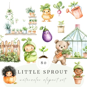 May include: Watercolor clipart set featuring a variety of garden-themed illustrations. Includes a baby in a sprout costume, a chick with a leaf hat, a teddy bear with carrots, and a greenhouse. The text reads "LITTLE SPROUT watercolor clipart set".