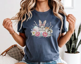 Retro Easter Bunny Kittens Comfort Colors Shirt, Watercolor Spring Women Tee