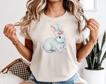 Camiseta de conejito de Pascua, lazo pastel, camiseta con ambiente de Pascua feliz