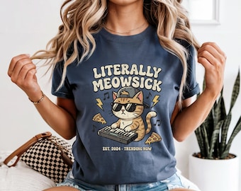 Literally Meow Sick Funny Cat Playing Piano T-shirt | Music Cat Tee
