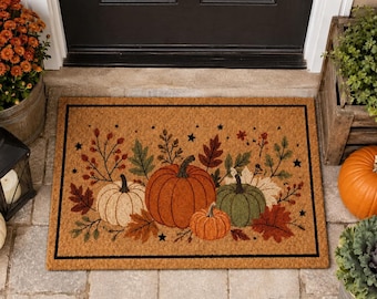 Zerbino autunnale con zucche, zerbino di benvenuto per il raccolto autunnale, decorazione rustica per la porta d'ingresso con zucche, zerbino per il portico del Ringraziamento, regalo di inaugurazione della casa in stile rustico
