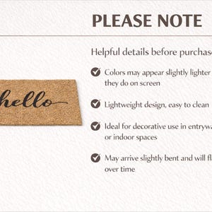 May include: A rectangular doormat made from natural fibres, with the word "hello" in a cursive font. The mat is light brown and is designed for use in entryways or indoor spaces.