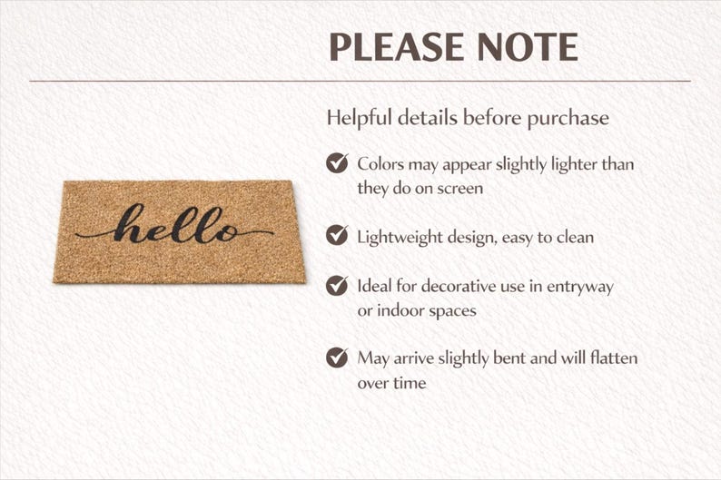 May include: A rectangular doormat made from natural fibres, with the word "hello" in a cursive font. The mat is light brown and is designed for use in entryways or indoor spaces.
