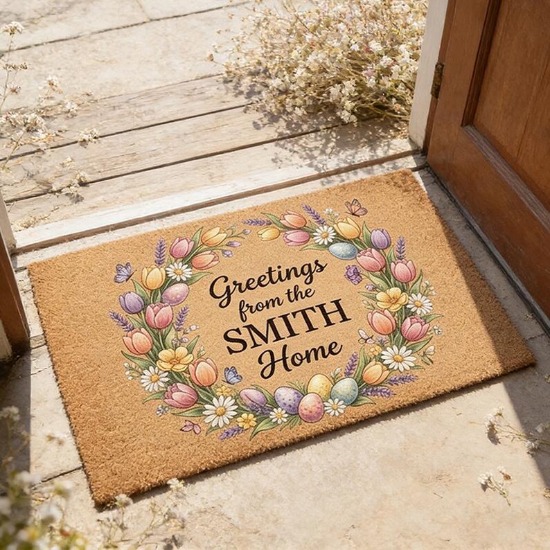 May include: A rectangular doormat with a floral wreath design. The wreath features tulips, daisies, and lavender in shades of pink, yellow, and purple, surrounding the text "Greetings from the SMITH Home". Butterflies and Easter eggs are also included.