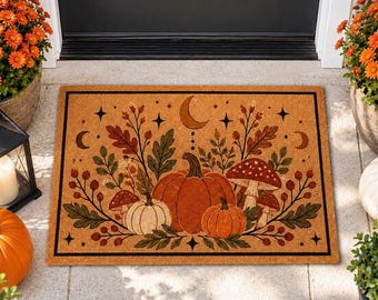 Celestial Pumpkin Doormat,Mushroom Fall Welcome Mat,Autumn Moon Front Door Decor,Cottagecore Harvest Porch Mat,Witchy Fall Housewarming Gift