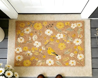 Yellow Bird Floral Coir Doormat,Non-Slip Indoor Outdoor Entryway Mat,Cottagecore Daisy Welcome Mat,Spring Front Porch Mat,Housewarming Gift