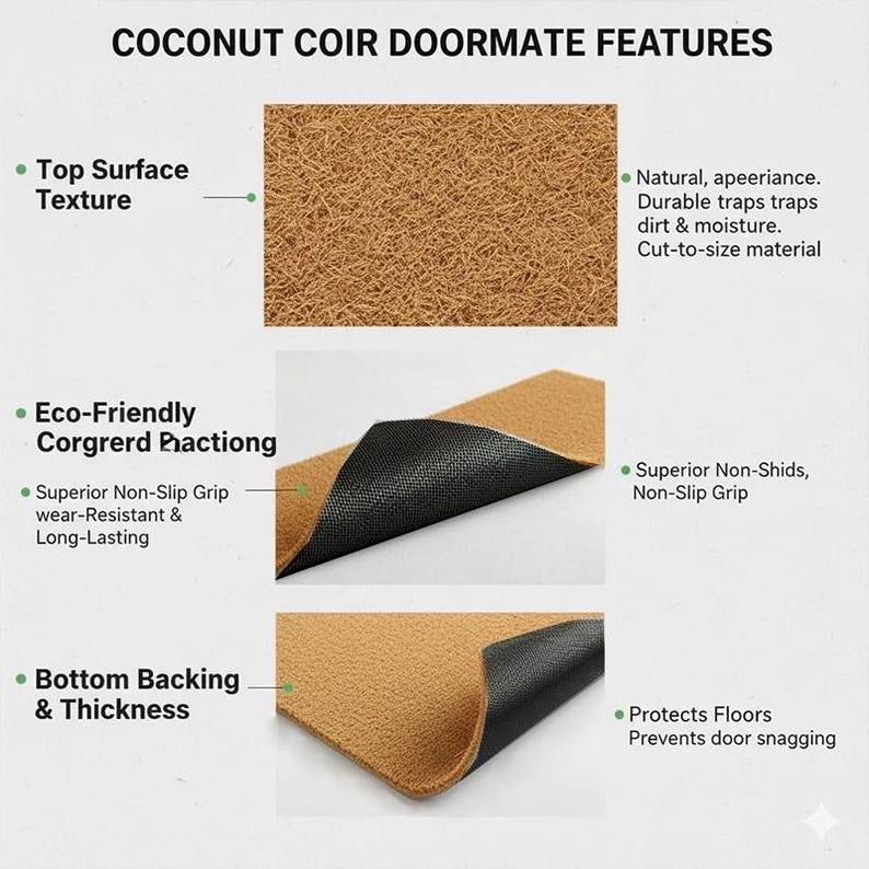 May include: Image detailing the features of a coconut coir doormat. The top surface has a natural texture, and the bottom has a non-slip grip. The doormat is eco-friendly, wear-resistant, and protects floors. The text on the image reads "COCONUT COIR DOORMATE FEATURES."