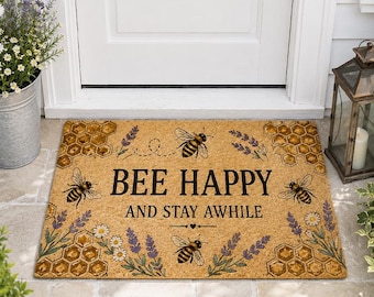 Bee Happy deurmat, welkomstmat lavendel, deurmat honingraat, veranda decor zomer boerderij, cadeau bijenliefhebber