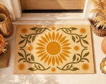 Zonnebloem welkomstmat, boho bloemen deurmat, mosterdgele zon entreemat, botanische zomer veranda decor, housewarming cadeau bloementuin