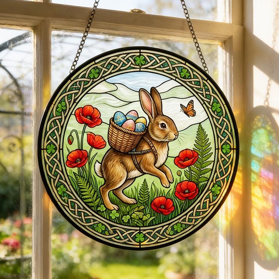 Easter Bunny Stained Glass Suncatcher,rabbit With Egg Basket Window ...