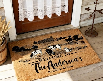 Personalized Farmhouse Doormat,Custom Name Welcome Mat,Highland Cow Farm Decor,New Home Gift,Front Porch Mat,Housewarming Gift For Family