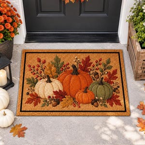 May include: A rectangular coir doormat featuring a central illustration of three pumpkins in orange, white, and green, surrounded by autumn foliage, red berries, and brown acorns, all enclosed within a thin black rectangular border.