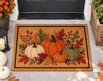 Autumn Pumpkin Doormat,Fall Harvest Welcome Mat,Rustic Pumpkin Front Door Decor,Thanksgiving Porch Mat,Cozy Farmhouse Entryway Gift