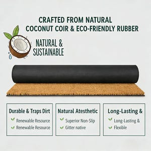 May include: A rectangular doormat made from coconut coir and eco-friendly rubber. The mat is brown with a black rolled-up section. Text on the image reads "Crafted from Natural Coconut Coir & Eco-Friendly Rubber" and "Natural & Sustainable".