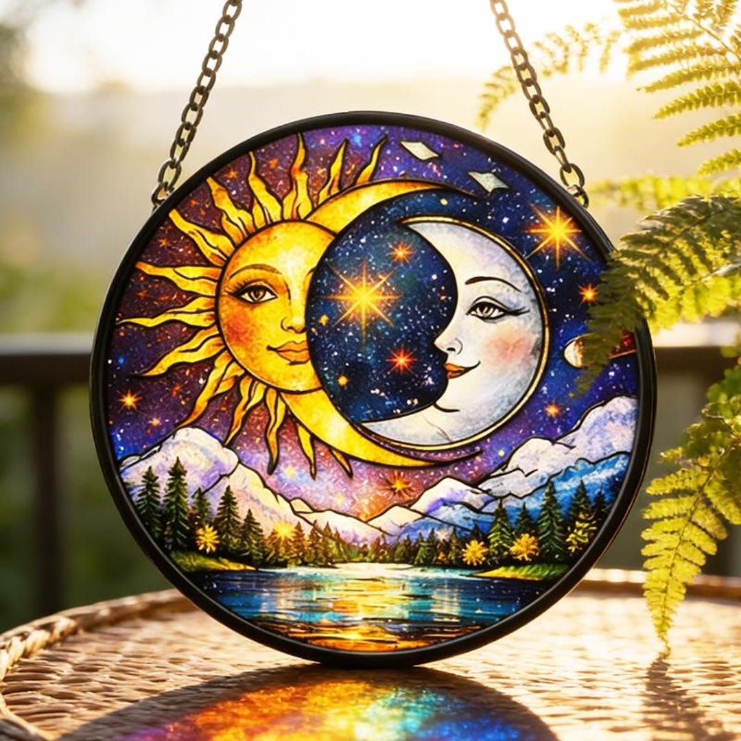 Celestial Sun and Moon Suncatcher,stained Glass Window Hanging,vintage ...