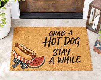 Independence Day Hot Dog Stand Stay A While Doormat,July 4th Welcome Mat,Patriotic Front Porch Decor,Summer Entry Gift