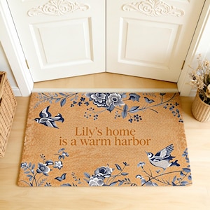 Custom Name Doormat,Blue Floral Welcome Mat,Personalized Bird & Flower Entry Mat,Housewarming Gift,Warm Harbor Decor,Front Porch Mat