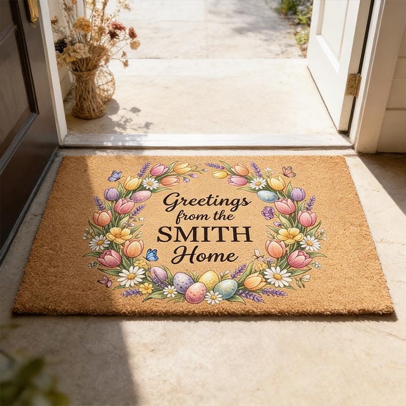 May include: A rectangular coir doormat with a floral wreath design. The wreath features colourful tulips, daisies, and Easter eggs, surrounding the text "Greetings from the SMITH Home". The mat is placed in a doorway.