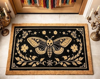 Deurmat Gothic nachtvlinder, celestial moon and stars welkomstmat, boho death head nachtvlinder kokosmat, Witchy Home Decor, folk Art Dark Academy mat